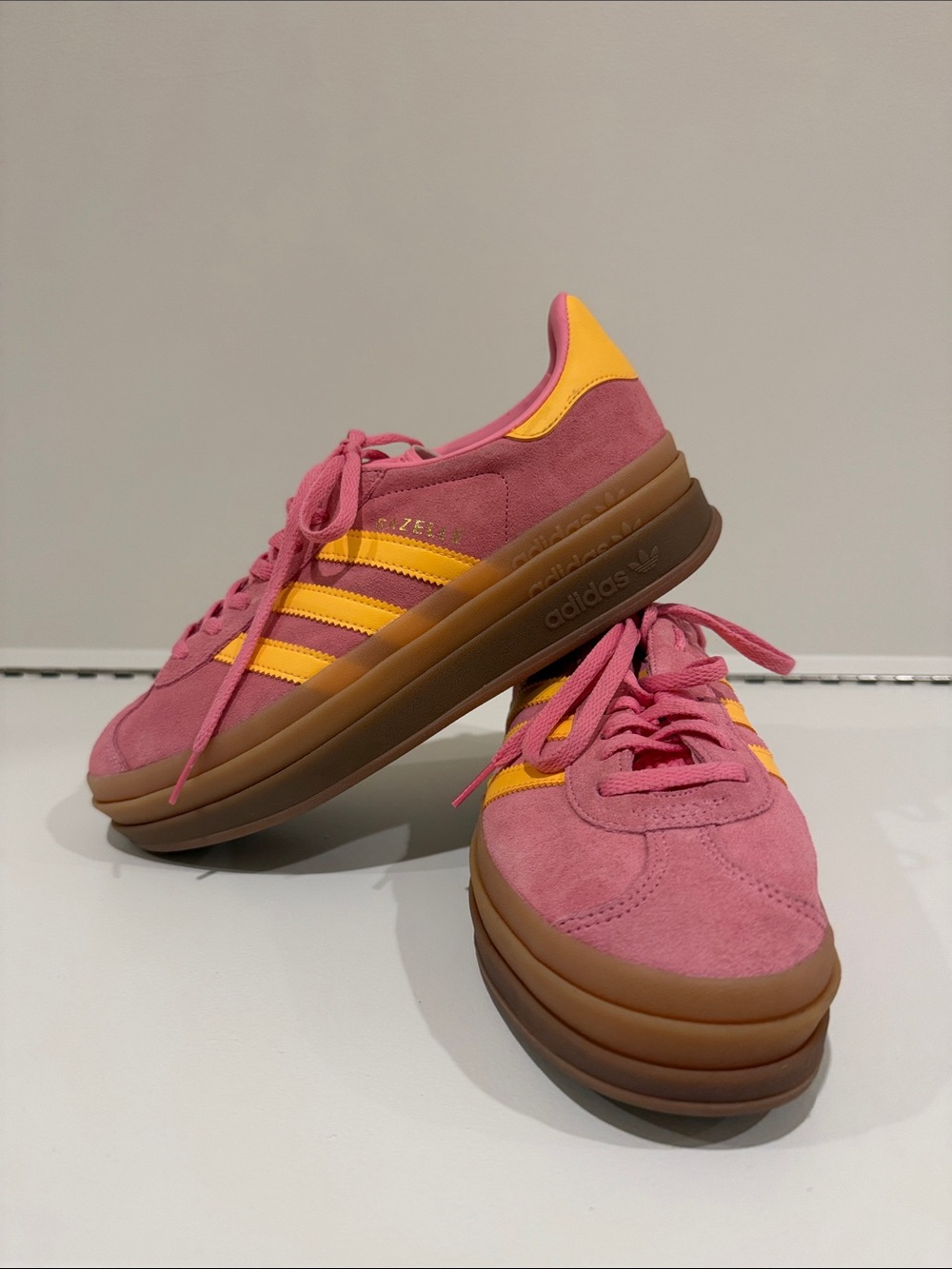 adidas Pink Suede Sneakers with Orange Stripes and Brown Platform